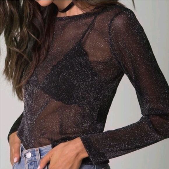 Victoria's Secret Tops - Victoria's Secret Long Sleeve Sheer Mesh Sparkle Top Black & Silver M/L Sexy